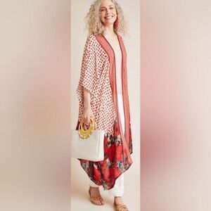 NWOT Anthropologie Women’s Aviriska Duster Kimono Red White Polka Dot Floral OS